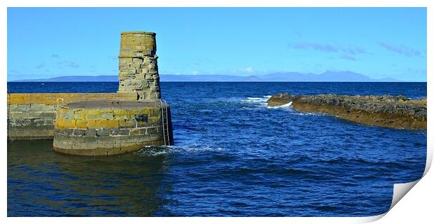Dunure harbour entrance and Arran Print by Allan Durward Photography