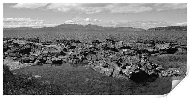 Isle of Arran and Portencross rocks monochrome Print by Allan Durward Photography