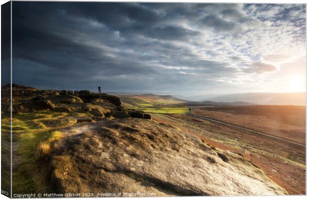 Hikers in stunning Peak District landscape during autumn sunset Canvas Print by Matthew Gibson