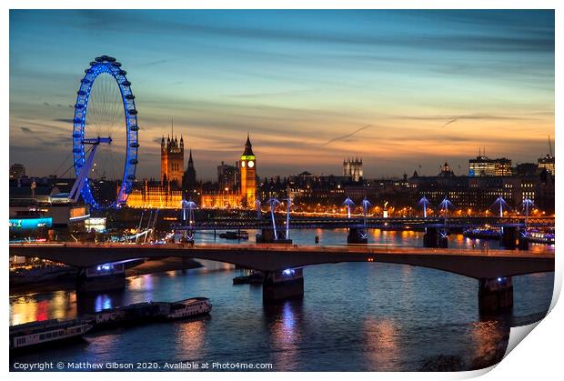 Beautiful landscape image of the London skyline at night looking along the River Thames Print by Matthew Gibson