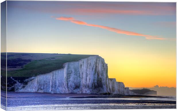 Stunning Winter landscape sunrise above the Seven Sisters cliffs Canvas Print by Matthew Gibson