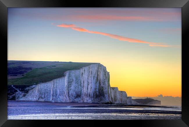 Stunning Winter landscape sunrise above the Seven Sisters cliffs Framed Print by Matthew Gibson