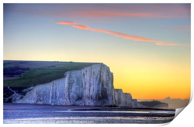 Stunning Winter landscape sunrise above the Seven Sisters cliffs Print by Matthew Gibson