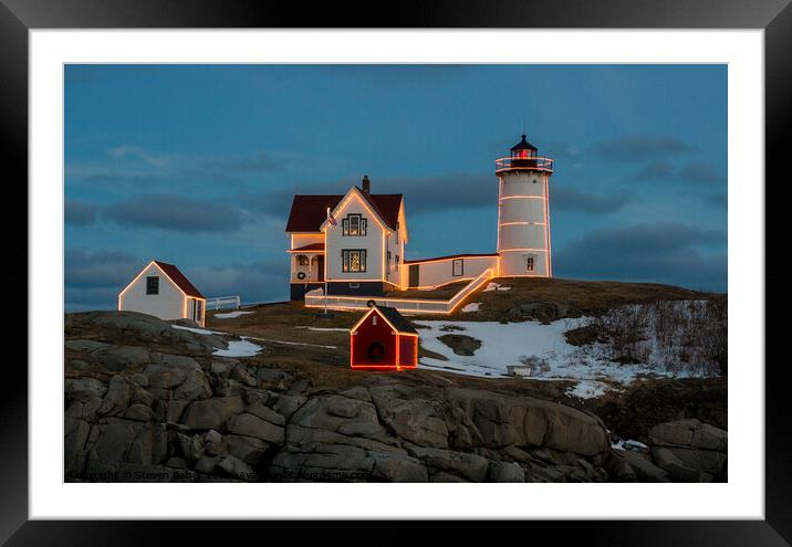 Nubble Lighthouse, York, Maine at Christmas Framed Mounted Print by Steven Ralser