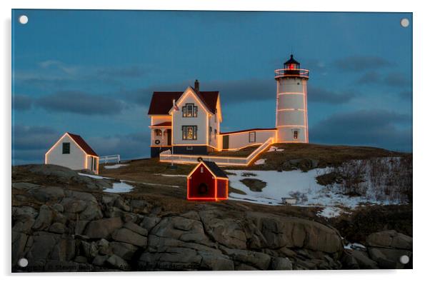 Nubble Lighthouse, York, Maine at Christmas Acrylic by Steven Ralser