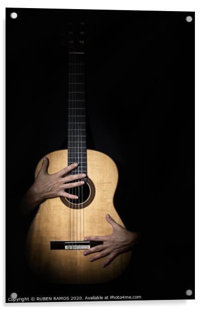 Female hands on guitar. Acrylic by RUBEN RAMOS