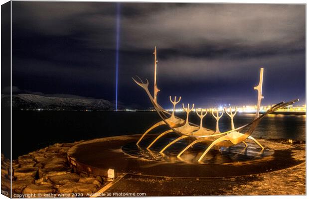 Imagine Peace Tower;with  Sun Voyager,Iceland Canvas Print by kathy white