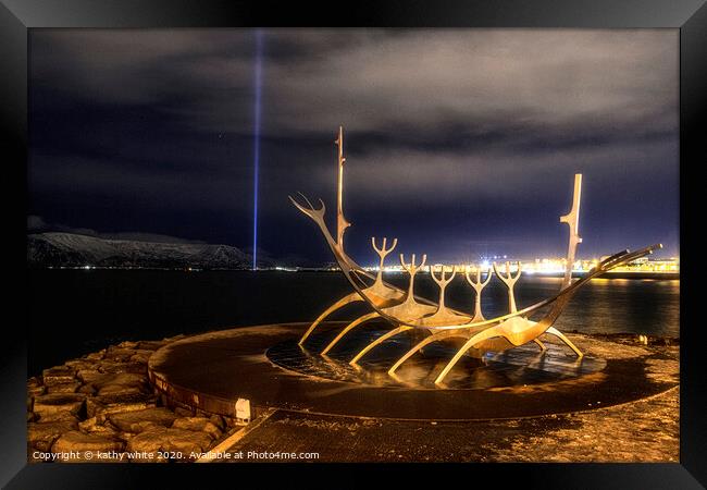 Imagine Peace Tower;with  Sun Voyager,Iceland Framed Print by kathy white