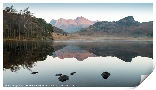 Beautiful Autumn Fall colorful sunrise over Blea Tarn in the Lake District with High Raise and The Langdales in the distance Print by Matthew Gibson