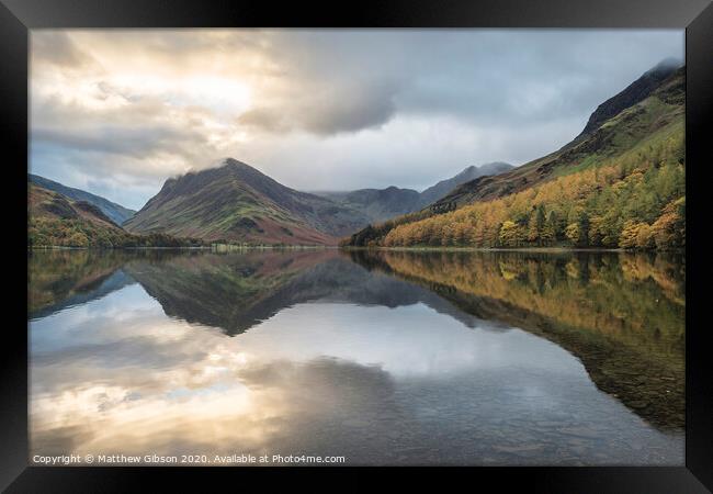Beautiful Autumn Fall landscape image of Lake Buttermere in Lake District England  Framed Print by Matthew Gibson