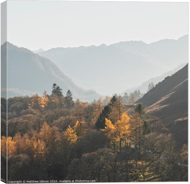 Beautiful Autumn Fall landscape image of the view from Catbells in the Lake District with vibrant Fall colors being hit by the late afternoon sun Canvas Print by Matthew Gibson