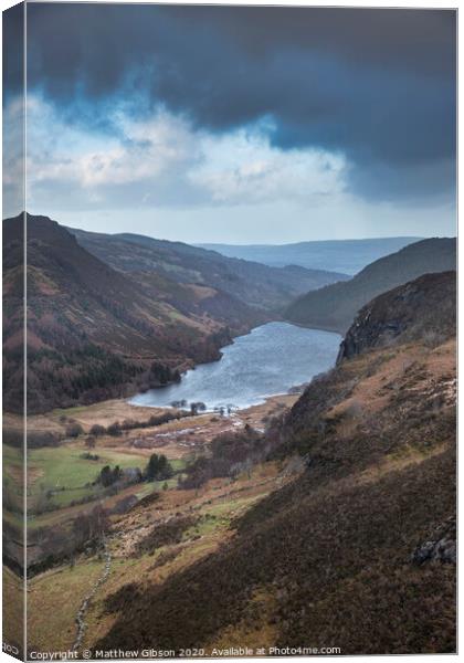 Landscape image of view from peak of Crimpiau towards Llyn Crafnant in Snowdonia Canvas Print by Matthew Gibson