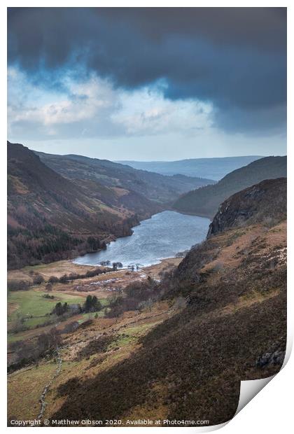 Landscape image of view from peak of Crimpiau towards Llyn Crafnant in Snowdonia Print by Matthew Gibson