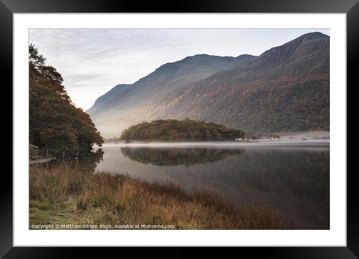 Beautiful Autumn Fall landscape image of Crummock Water at sunrise in Lake District England Framed Mounted Print by Matthew Gibson