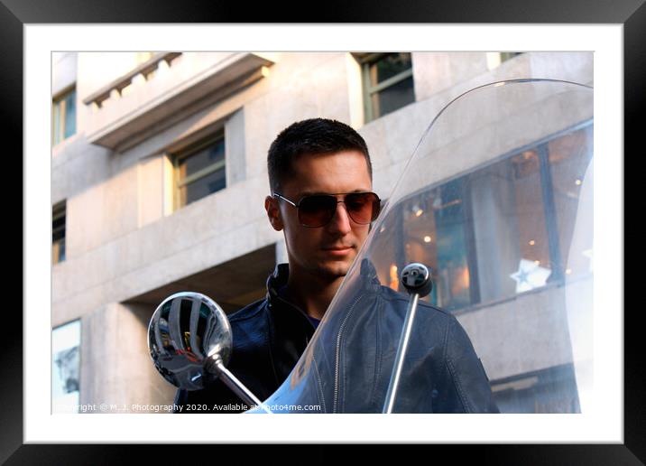 View of a man on the motorcycle with a sunglasses. Framed Mounted Print by M. J. Photography