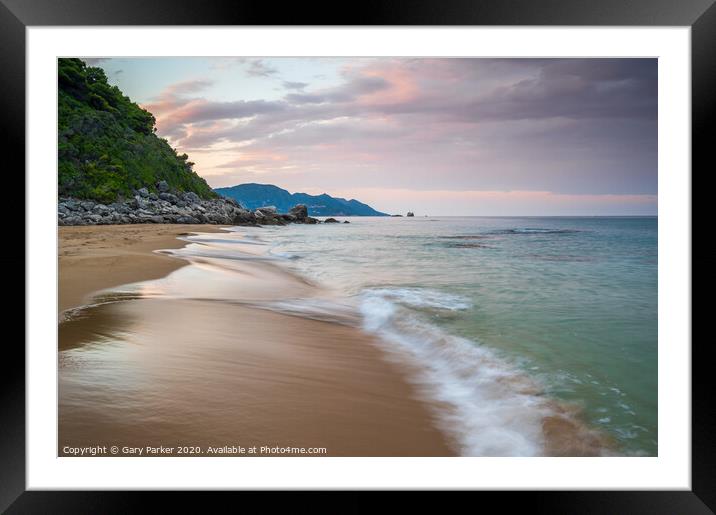 Greek beach, on the island of Corfu, at sunrise.	 Framed Mounted Print by Gary Parker