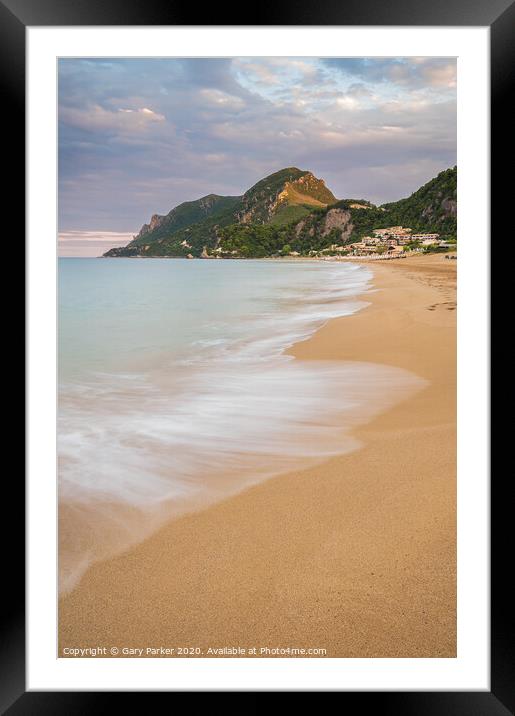 Greek beach, on the island of Corfu, at sunrise.	 Framed Mounted Print by Gary Parker
