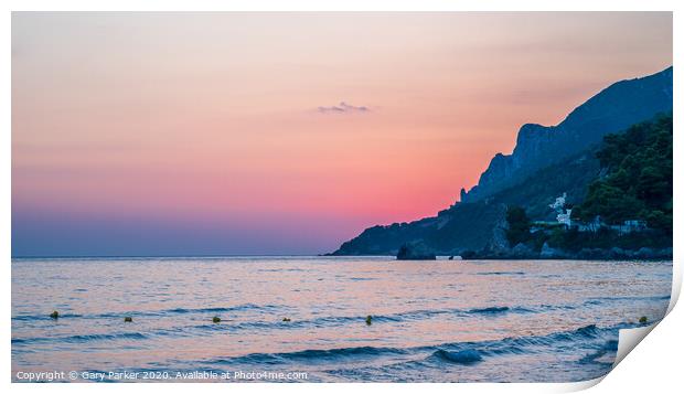 Sunset over a beach in Corfu, Greece	 Print by Gary Parker