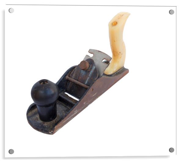 Old iron hand plane with plastic yellow back handle isolated on white background Acrylic by Sergii Petruk