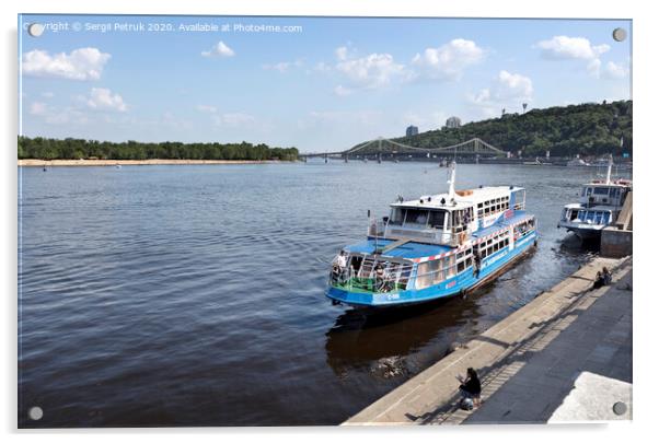 Pleasure boat moored at the city wharf of the Dnipro River Acrylic by Sergii Petruk