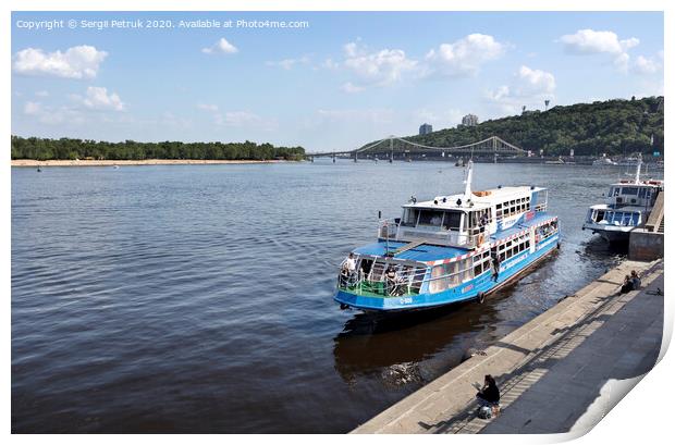 Pleasure boat moored at the city wharf of the Dnipro River Print by Sergii Petruk