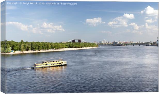 Pleasure boat goes along the Dnipro river on a bright sunny day Canvas Print by Sergii Petruk