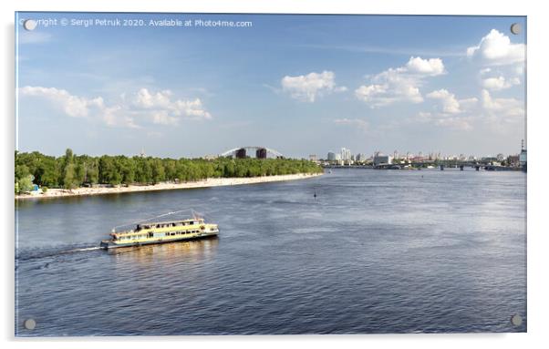 Pleasure boat goes along the Dnipro river on a bright sunny day Acrylic by Sergii Petruk