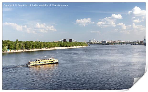 Pleasure boat goes along the Dnipro river on a bright sunny day Print by Sergii Petruk