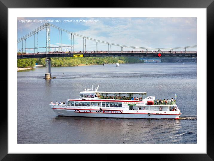 A white promenade boat carries people across the Dnieper in a bright sunny day Framed Mounted Print by Sergii Petruk