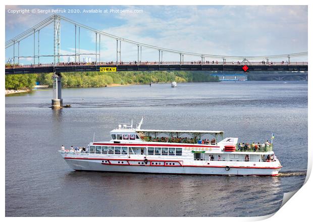 A white promenade boat carries people across the Dnieper in a bright sunny day Print by Sergii Petruk