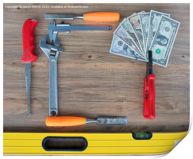 Old construction tools and a set of dollar bills on a wooden table close-up Print by Sergii Petruk