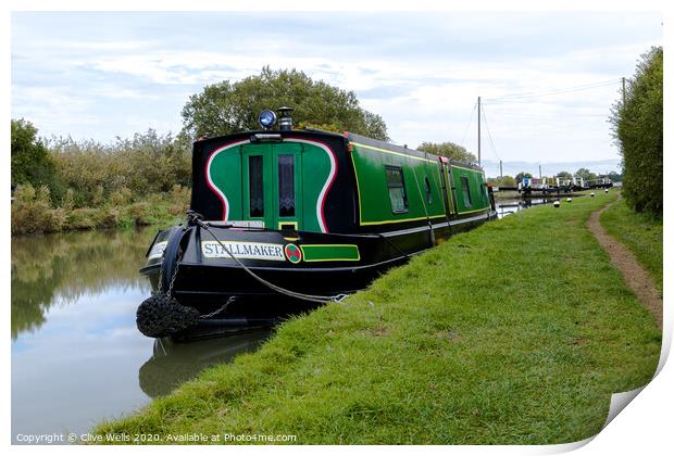Narrow boat moored up in front of lock gates. Print by Clive Wells