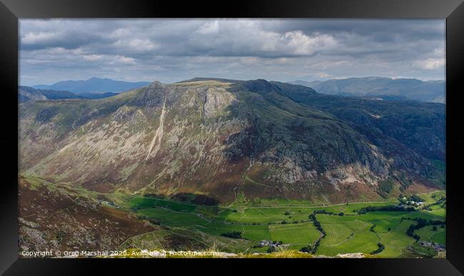 The Langdale Pikes from Bowfell Framed Print by Greg Marshall