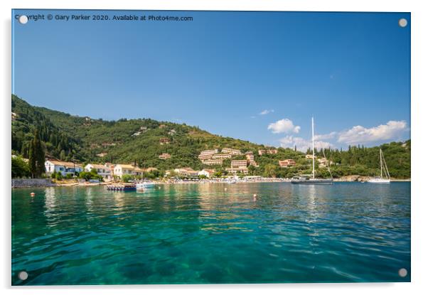 The clear waters of Kalami Bay, in Corfu, Greece, on a bright summers day	 Acrylic by Gary Parker