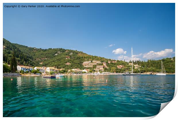 The clear waters of Kalami Bay, in Corfu, Greece, on a bright summers day	 Print by Gary Parker