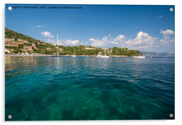 The clear waters of Kalami Bay, in Corfu, Greece, on a bright summers day	 Acrylic by Gary Parker