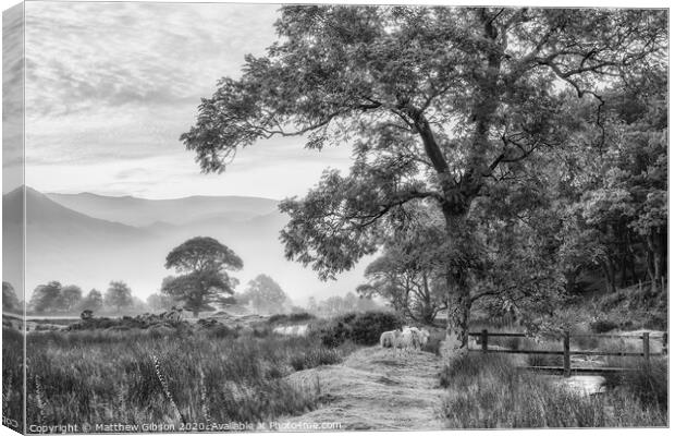 Beautiful foggy misty black and white landscape Autumn sunrise over countryside surrounding Crummock Water in Lake District in England Canvas Print by Matthew Gibson