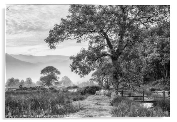Beautiful foggy misty black and white landscape Autumn sunrise over countryside surrounding Crummock Water in Lake District in England Acrylic by Matthew Gibson