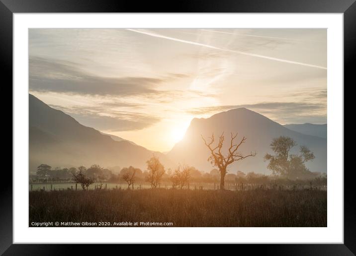 Stunning Winter foggy sunrise over countryside around Crummock Water in Lake District England Framed Mounted Print by Matthew Gibson