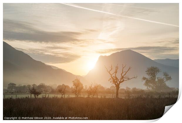 Stunning Winter foggy sunrise over countryside around Crummock Water in Lake District England Print by Matthew Gibson