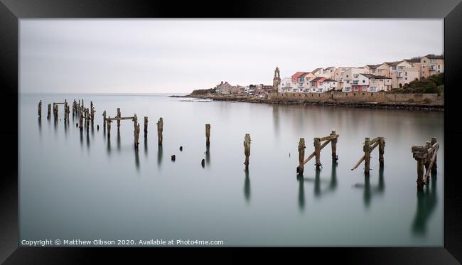 Fine art landscape image of derelict pier in milky long exposure seascape Framed Print by Matthew Gibson
