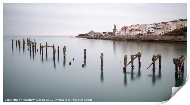 Fine art landscape image of derelict pier in milky long exposure seascape Print by Matthew Gibson