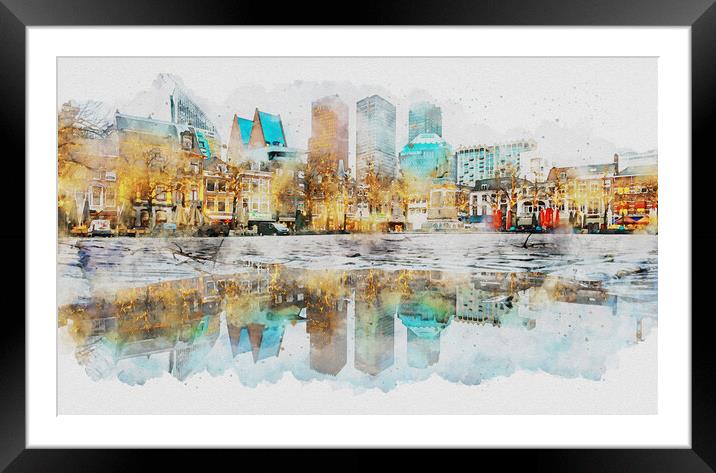 Watercolor of The Hague city reflection Framed Mounted Print by Ankor Light
