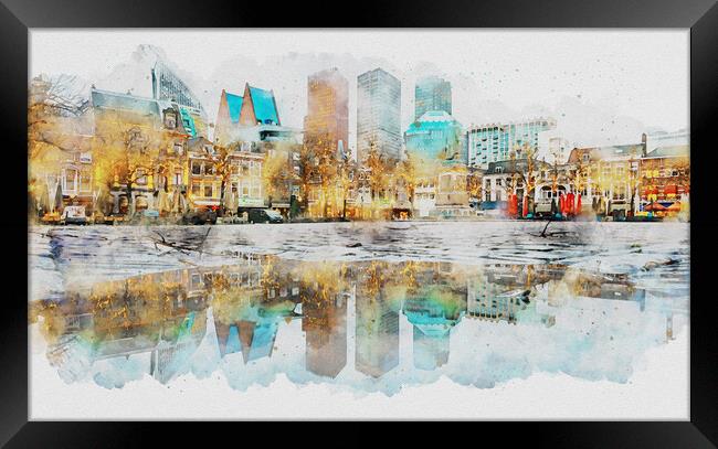 Watercolor of The Hague city reflection Framed Print by Ankor Light
