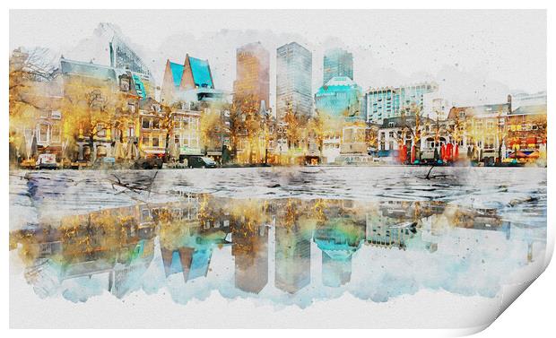 Watercolor of The Hague city reflection Print by Ankor Light