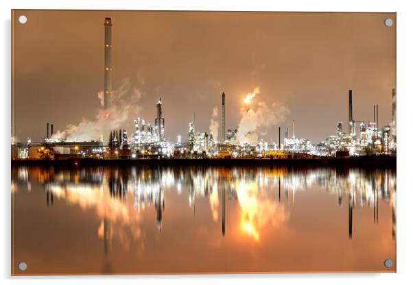 Refineries reflection and its chimney during the on fire sunset golden hour moment at Rotterdam, Netherlands Acrylic by Ankor Light