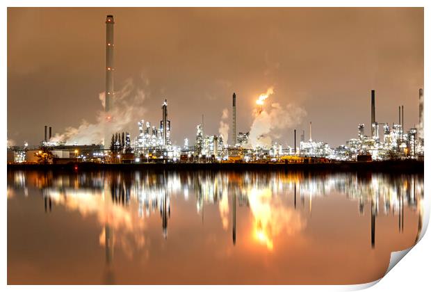 Refineries reflection and its chimney during the on fire sunset golden hour moment at Rotterdam, Netherlands Print by Ankor Light