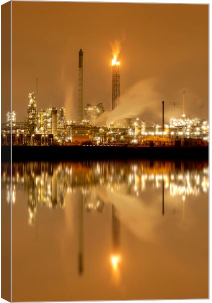 Refineries reflection and its chimney during the on fire sunset golden hour moment at Rotterdam, Netherlands Canvas Print by Ankor Light