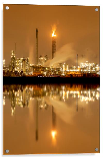 Refineries reflection and its chimney during the on fire sunset golden hour moment at Rotterdam, Netherlands Acrylic by Ankor Light