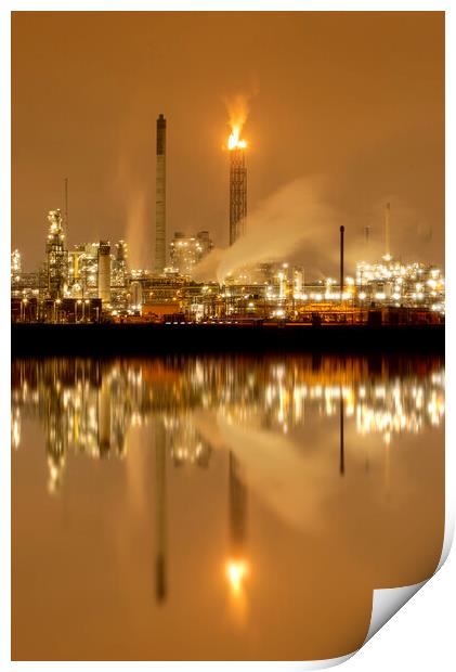 Refineries reflection and its chimney during the on fire sunset golden hour moment at Rotterdam, Netherlands Print by Ankor Light